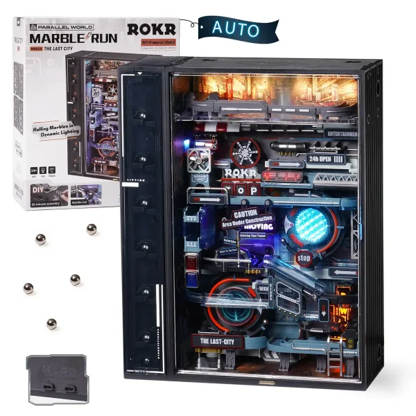 Vitrine de decoração científica com iluminação dinâmica, contendo um modelo de máquina ou circuito eletrônico, perfeita para uma decoração moderna e tecnológica.