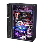 Vitrine de exposição com componentes eletrônicos, circuitos impressos e acessórios científicos, ideal para decoração de laboratório ou espaço educativo.