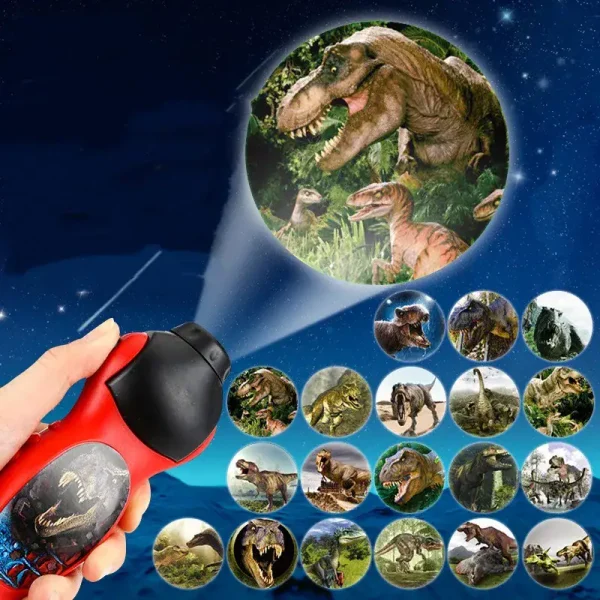 Imagem de um brinquedo de realidade aumentada representando um T-Rex e outros dinossauros, permitindo explorar o universo pré-histórico em 3D interativo.