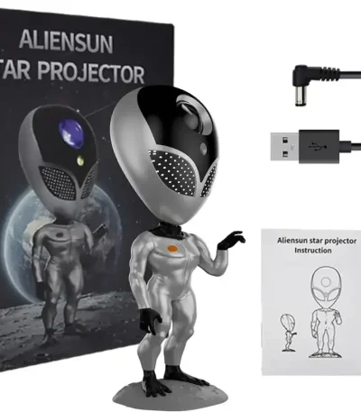 Projetor de estrelas AlienSun com figura de extraterrestre, cabo USB e controle remoto, ideal para decoração científica e ambiente cósmico.