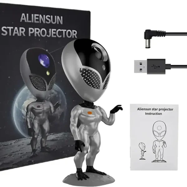 Projetor de estrelas AlienSun com figura de extraterrestre, cabo USB e controle remoto, ideal para decoração científica e ambiente cósmico.
