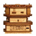 Relógio de madeira vintage com mecanismo visível, decoração de estilo científico e retrô, ideal para os amantes de design industrial e objetos decorativos originais.