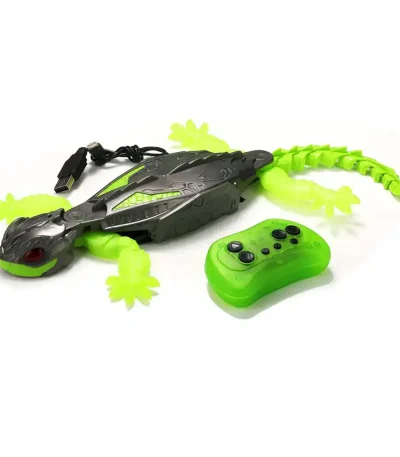 Robô crocodilo controlado remotamente com cauda luminosa verde, controlador sem fio, ideal para brinquedos educativos e entretenimento infantil.