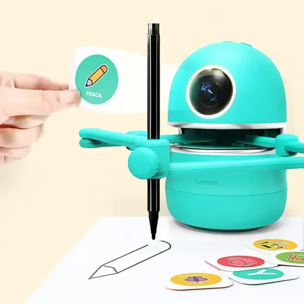 Robô educativo em forma de pincel com câmera, projetado para incentivar a aprendizagem criativa e interativa em crianças, integrando atividades de desenho e reconhecimento.