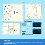 Jogo educativo de construção de veículo espacial com peças em madeira e espuma, incluindo motor, painéis solares, engrenagens e outros componentes para montar um modelo de foguete ou satélite.