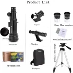 Conjunto de ferramentas de astronomia incluindo um telescópio, acessórios, mochila, caixa premium e manuais para aprendizado científico.