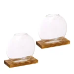 Vaso de vidro transparente sobre uma base de madeira, ideal para decoração científica ou moderna.