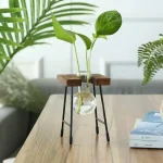 Suporte de decoração vegetal moderno com vaso de vidro.
