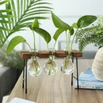 Plantas verdes em pequenos frascos de vidro suspensos, decoração de estilo científico e moderno.