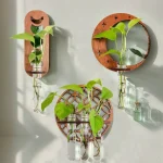 Decoração de parede com plantas suspensas em garrafas de vidro fixadas em suportes de madeira, trazendo um toque natural e moderno à decoração interior.