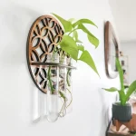 Planta verde suspensa em tubos de vidro fixados a um suporte de madeira, decoração moderna e natural para interior.
