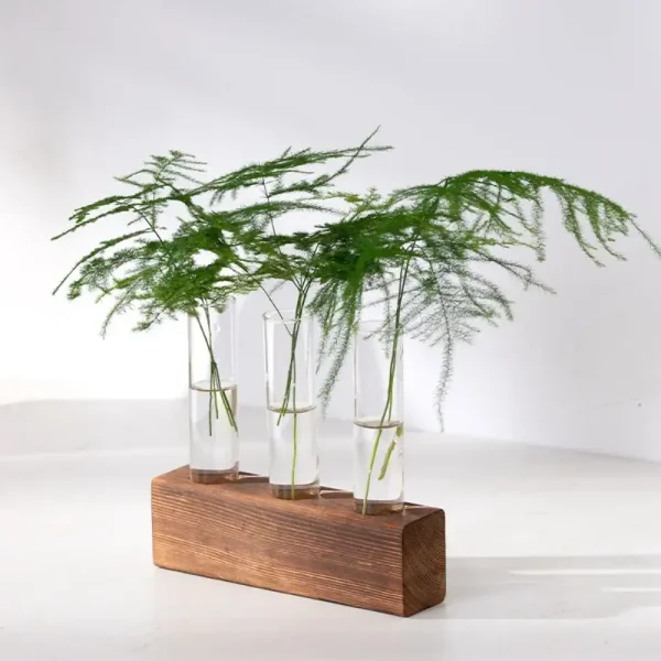 Vasos de vidro contendo ramos de folhagem verde, dispostos sobre uma base de madeira natural, decoração elegante e moderna para interior ou escritório.