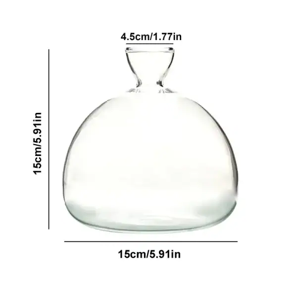 Base de lâmpada em vidro transparente, ideal para decoração científica ou de laboratório, com dimensões precisas: 15 cm de largura, 15,5 cm de altura, e um gargalo de 4,5 cm.