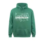 Sweat à capuche vert avec inscription "Trust me, I'm an engineer" et motifs liés à l'ingénierie, idéal pour les passionnés de sciences et d'ingénierie.
