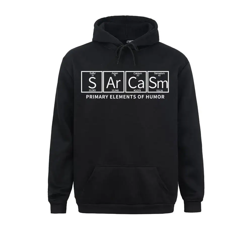Pull à capuche scientifique humoristique Sweat à capuche noir avec design humoristique basé sur la table périodique, mettant en avant le symbole "SArCaSm" pour "Humour".