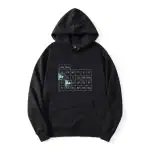 Sweat à capuche noir avec design du tableau périodique des éléments chimiques, idéal pour les amateurs de science et de décoration scientifique.