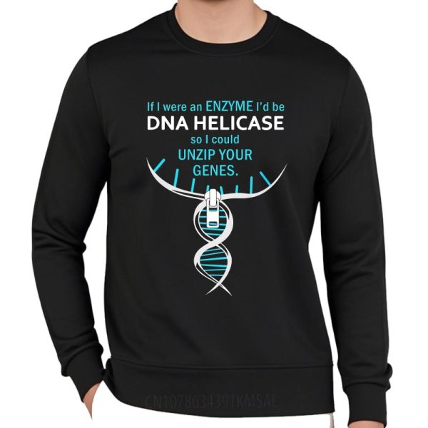T-shirt com padrão de ADN e mensagem humorística sobre a desnaturação genética.