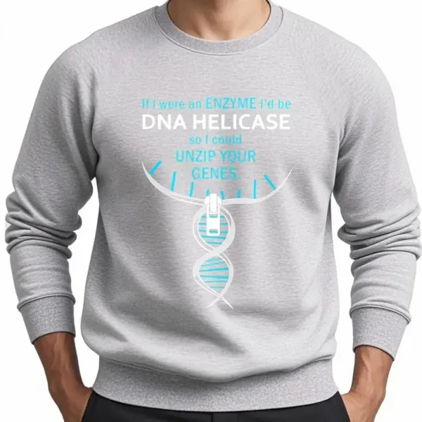 Pulôver com motivo de DNA e mensagem humorística sobre o desbloqueio dos genes.