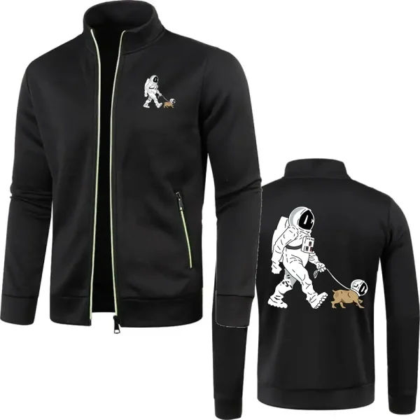 Casaco masculino preto com padrão de astronauta passeando um cão, estilo casual e tendência, ideal para os amantes de ciência e astronomia.