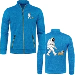 Casaco de moletom azul com um padrão de astronauta e cão explorando o espaço, ideal para os amantes de ciência e aventura.