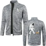 Casaco de moletom cinza com padrão de astronauta e cão, ideal para os amantes de ciência e astronomia. Confortável e estiloso, perfeito para um traje casual ou para mostrar sua paixão.