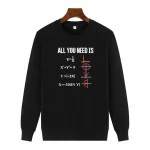 Pulôver álgebra com fórmulas matemáticas e símbolo de matemática em vermelho em moletom preto.