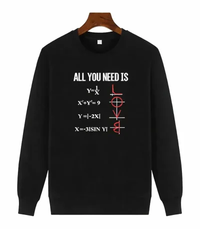 Pulôver álgebra com fórmulas matemáticas e símbolo de matemática em vermelho em moletom preto.