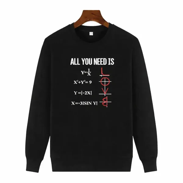 Pulôver álgebra com fórmulas matemáticas e símbolo de matemática em vermelho em moletom preto.