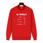 Sweatshirt vermelho com citações e fórmulas matemáticas, perfeito para os amantes da ciência e matemática, ideal para uma decoração original ou um presente educativo.