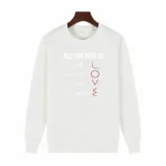 Moletom branco com motivos matemáticos e texto "All you need is love" em vermelho, perfeito para os amantes de ciências e matemática.