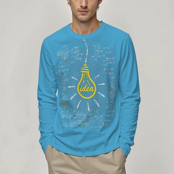 Camisola com capuz azul com ilustração de uma lâmpada e desenhos científicos, perfeita para amantes de ciência e ideias inovadoras.
