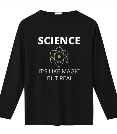 Camiseta preta com motivo atômico e texto "Ciência, é como magia mas de verdade" para os amantes de ciência e decoração geek.