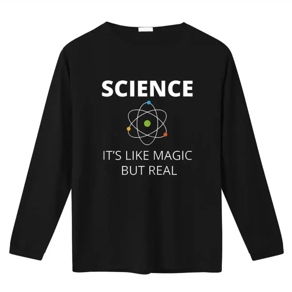 Camiseta preta com motivo atômico e texto "Ciência, é como magia mas de verdade" para os amantes de ciência e decoração geek.
