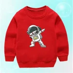 Sweatshirt vermelho para criança com um motivo de astronauta em estilo cartoon, perfeito para os amantes do espaço e da ficção científica.