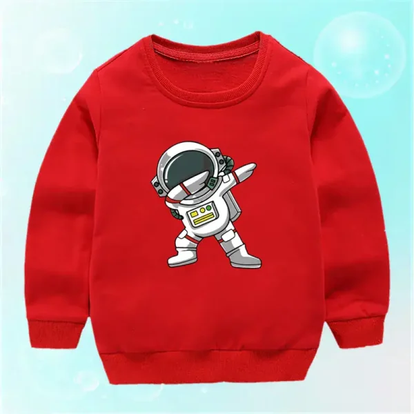 Sweatshirt vermelho para criança com um motivo de astronauta em estilo cartoon, perfeito para os amantes do espaço e da ficção científica.
