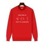 Moletom vermelho com diagramas elétricos e texto humorístico "What part of don't you understand" para os apaixonados por eletricidade.