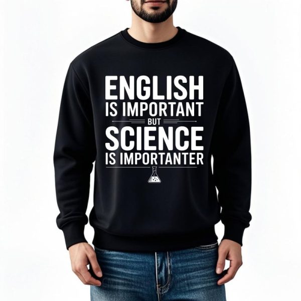 Camisola preta com mensagem humorística sobre a importância da ciência em relação ao inglês, ideal para amantes de ciências e humor.