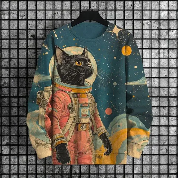 Roupa infantil com design de gato preto em traje espacial num cenário cósmico.