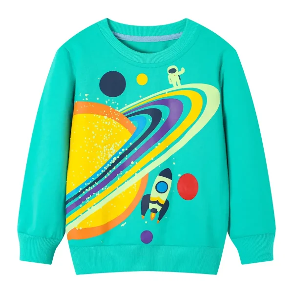 Camisola para criança com design espacial, astronautas e planetas coloridos sobre fundo turquesa, perfeita para os amantes de astronomia e ciência.