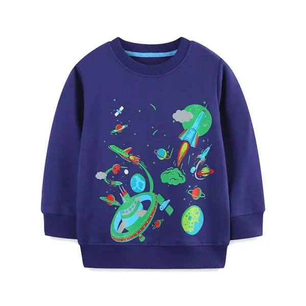 Camisola para criança com estampa de espaço, planetas, foguetes e astronautas, perfeita para os amantes de astronomia e ciências.