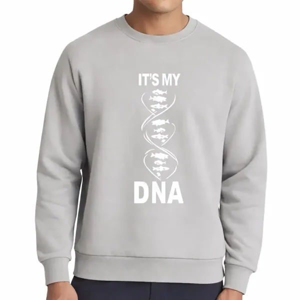 Moletom cinza com motivo de DNA e texto "It's my DNA" para os apaixonados por ciência e genética.