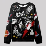 Roupa infantil com padrões de ficção científica, espaço e astronautas, perfeita para os apaixonados por astronomia e universos futuristas.