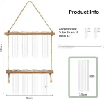Porta-garrafas de madeira com tubos de vidro suspensos, ideal para decoração científica ou para expor líquidos. Inclui acessórios: escova para tubo XL e ganchos x2.