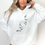 Moletom com capuz branco com padrão de DNA estilizado preto, ideal para amantes de ciência e decoração científica. Confortável e moderno, perfeito para um visual casual.