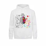 Casaco com capuz branco com ilustração do cérebro, combinando elementos científicos e artísticos, ideal para os apaixonados por ciências e arte.