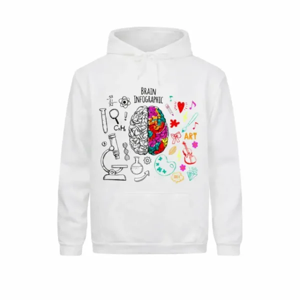 Casaco com capuz branco com ilustração do cérebro, combinando elementos científicos e artísticos, ideal para os apaixonados por ciências e arte.