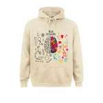 Moletom com capuz de neurociências com ilustração do cérebro colorido e elementos artísticos, perfeito para os apaixonados por ciências e arte.