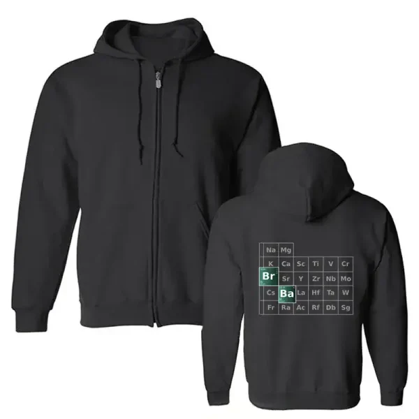 Casaco com capuz com zíper inspirado em Breaking Bad, com design da tabela periódica. Perfeito para os fãs da série e decoração geek.
