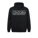 Moletom com capuz preto com design humorístico baseado na tabela periódica, destacando o símbolo "SArCaSm" para "Humor".