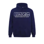 Hoodie azul marinho com texto científico e fórmula humorística "SArCaSm".
